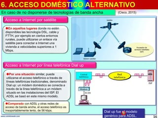 6. ACCESO DOMÉSTICO ALTERNATIVO
16www.coimbraweb.com
En caso de no disponerse de tecnologías de banda ancha
Acceso a Internet por satélite
En aquellos lugares donde no estén
disponibles las tecnología DSL, cable y
FTTH, por ejemplo en ciertos entornos
rurales, puede utilizarse un enlace vía
satélite para conectar a Internet una
vivienda a velocidades superiores a 1
Mbps.
Acceso a Internet por línea telefónica Dial up
Por una situación similar, puede
utilizarse el acceso telefónico a través de
líneas telefónicas tradicionales, denominado
Dial up: un módem doméstico se conecta a
través de la línea telefónica a un módem
situado en las instalaciones del ISP. El
ADSL se basó en este mismo modelo.
Comparado con ADSL y otras redes de
acceso de banda ancha, el acceso telefónico es
insoportablemente lento, de 56 kbps.
(Cisco, 2015)
Dial up fue el modelo
genérico para ADSL.
 
