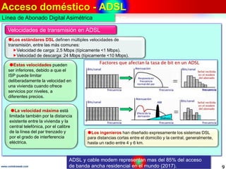 Acceso doméstico - ADSL
9www.coimbraweb.com
Línea de Abonado Digital Asimétrica
Velocidades de transmisión en ADSL
Los estándares DSL definen múltiples velocidades de
transmisión, entre las más comunes:
Velocidad de carga: 2,5 Mbps (típicamente <1 Mbps).
Velocidad de descarga: 24 Mbps (típicamente <10 Mbps).
Los ingenieros han diseñado expresamente los sistemas DSL
para distancias cortas entre el domicilio y la central, generalmente,
hasta un radio entre 4 y 6 km.
Estas velocidades pueden
ser inferiores, debido a que el
ISP puede limitar
deliberadamente la velocidad en
una vivienda cuando ofrece
servicios por niveles, a
diferentes precios.
La velocidad máxima está
limitada también por la distancia
existente entre la vivienda y la
central telefónica, por el calibre
de la línea del par trenzado y
por el grado de interferencia
eléctrica.
ADSL y cable modem representan mas del 85% del acceso
de banda ancha residencial en el mundo (2017).
 
