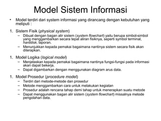 Model Sistem Informasi
• Model terdiri dari system informasi yang dirancang dengan kebutuhan yang
meliputi :
1. Sistem Fisik (physical system)
– Dibuat dengan bagan alir sistem (system flowchart) yaitu berupa simbol-simbol
yang menggambarkan secara tepat aliran fisiknya, seperti symbol terminal,
harddisk, laporan.
– Menunjukkan kepada pemakai bagaimana nantinya sistem secara fisik akan
diterapkan.
1. Model Logika (logical model)
– Menjelaskan kepada pemakai bagaimana nantinya fungsi-fungsi pada informasi
akan dapat bekerja.
– Dapat digambarkan dengan menggunakan diagram arus data.
1. Model Prosedur (procedure model)
– Terdiri dari metode-metode dan prosedur
– Metode menggambarkan cara untuk melakukan kegiatan
– Prosedur adalah rencana tahap demi tahap untuk menerapkan suatu metode
– Dapat menggunakan bagan alir sistem (system flowchart) missalnya metode
pengolahan data.
 