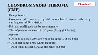 CHONDROMYXOID FIBROMA
(CMF)
• Benign tumour
• Composed of immature myxoid mesenchymal tissue with early
cartilagenous differentiation
• Pain and swelling (it can be asymptomatic)
• 75% of patients between 10 - 30 years (75%) (M:F= 2:1)
Location
• 60% in long bones (25% are within the upper ⅓ of the tibia)
• 40% in flat bones (10% within the ilium)
• 17% in small tubular bones of the hands and feet
Chondroid
 