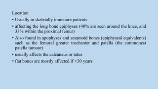 Location
• Usually in skeletally immature patients
• affecting the long bone epiphyses (40% are seen around the knee, and
33% within the proximal femur)
• Also found in apophyses and sesamoid bones (epiphyseal equivalents)
such as the femoral greater trochanter and patella (the commonest
patella tumour)
• usually affects the calcaneus or talus
• flat bones are mostly affected if >30 years
 