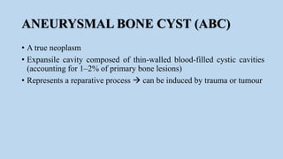 ANEURYSMAL BONE CYST (ABC)
• A true neoplasm
• Expansile cavity composed of thin-walled blood-filled cystic cavities
(accounting for 1–2% of primary bone lesions)
• Represents a reparative process  can be induced by trauma or tumour
 