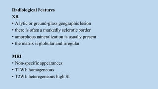 Radiological Features
XR
• A lytic or ground-glass geographic lesion
• there is often a markedly sclerotic border
• amorphous mineralization is usually present
• the matrix is globular and irregular
MRI
• Non-specific appearances
• T1WI: homogeneous
• T2WI: heterogeneous high SI
 