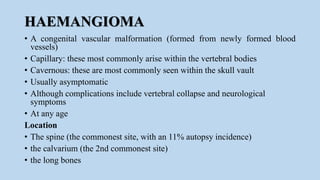 HAEMANGIOMA
• A congenital vascular malformation (formed from newly formed blood
vessels)
• Capillary: these most commonly arise within the vertebral bodies
• Cavernous: these are most commonly seen within the skull vault
• Usually asymptomatic
• Although complications include vertebral collapse and neurological
symptoms
• At any age
Location
• The spine (the commonest site, with an 11% autopsy incidence)
• the calvarium (the 2nd commonest site)
• the long bones
 