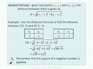 distancedistancedistancedistance formulaformulaformulaformula – given two points (x1, y1) and (x2, y2), the
distance between them is given by
Example: Use the Distance Formula to find the distance
between F(3, 2) and G(-3, -1)
( ) ( )
2 2
12 12d x yyx= − + −
x1 y1 x2 y2
3 2 –3 –1
( ) ( )
2 2
3 3 1 2FG = − − + − −
( ) ( )
2 2
6 3 36 9= − + − = +
45 3 5= =
Remember that the square of a negative number is
positivepositivepositivepositive.
 