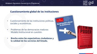 6
Cuestionamiento global de las instituciones
• Cuestionamiento de las instituciones políticas,
sociales y económicas.
• P...