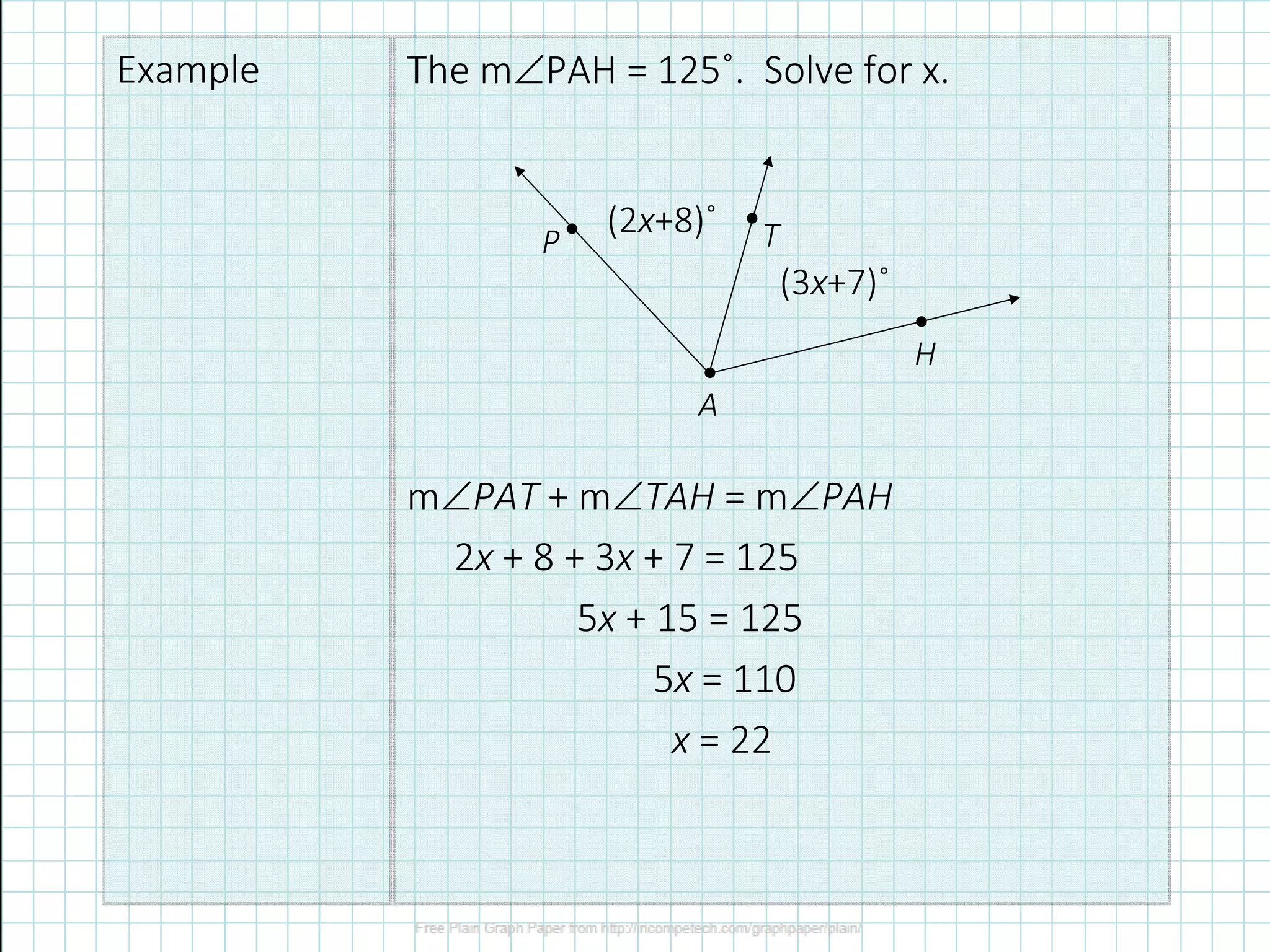 Example The mPAH = 125˚. Solve for x.
mPAT + mTAH = mPAH
●
●●
●
P
A
T
H
(3x+7)˚
(2x+8)˚
mPAT + mTAH = mPAH
2x + 8 + 3x + 7 = 125
5x + 15 = 125
5x = 110
x = 22
 
