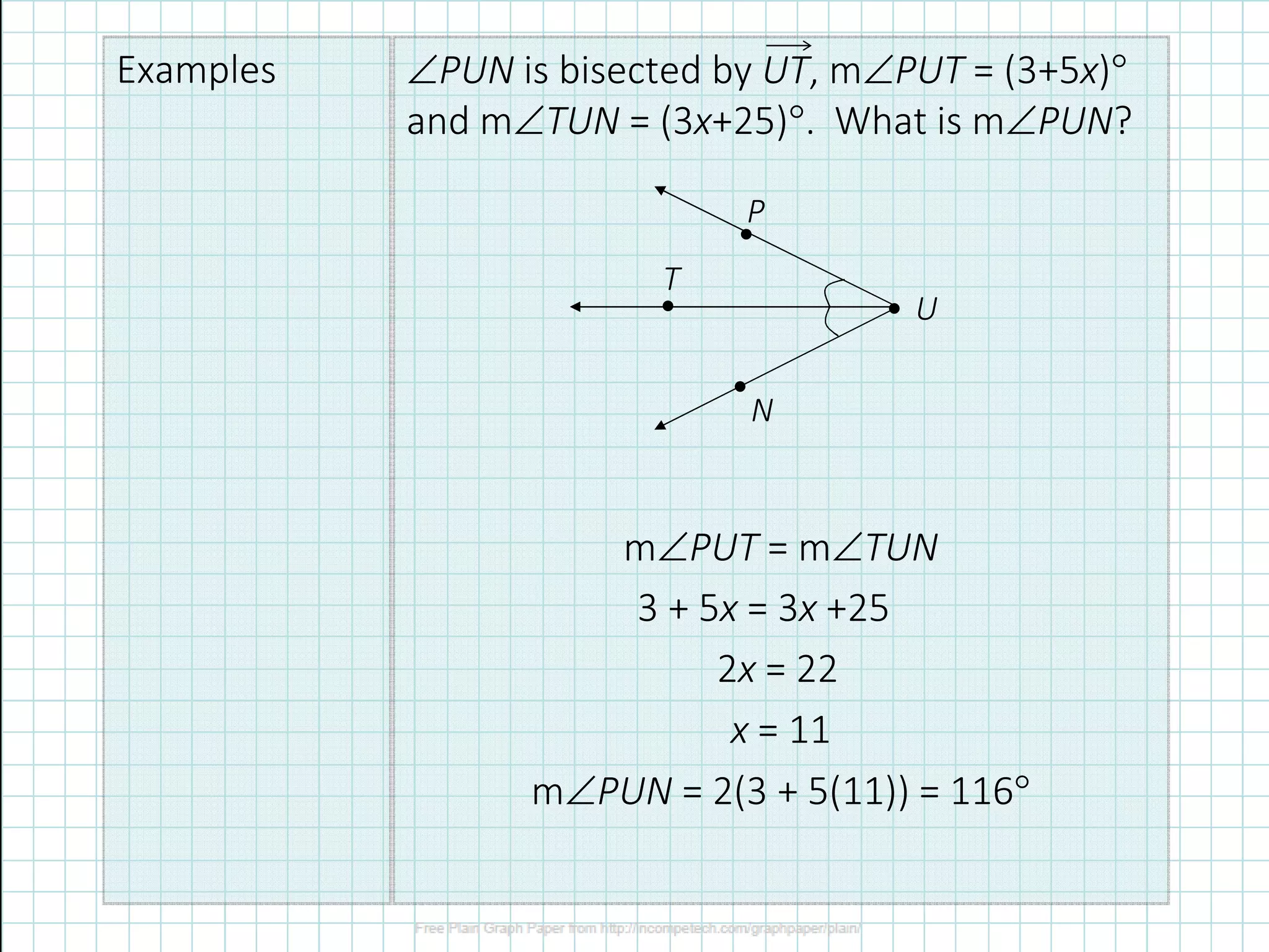 Examples PUN is bisected by UT, mPUT = (3+5x)
and mTUN = (3x+25). What is mPUN?
●
● ●
●
P
U
N
T
mPUT = mTUN
3 + 5x = 3x +25
2x = 22
x = 11
mPUN = 2(3 + 5(11)) = 116
 