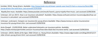 Reference
(october 2014). Young drivers. Available: http://www.brake.org.uk/slower-speeds-save-lives/15-facts-a-resources/facts/488-
young-drivers-the-hard-facts. Last accessed 21/9/2018.
Royalty free music. Available: https://www.youtube.com/results?search_query=royalty+free+music. Last accessed 22/09/2018.
Unknown. (22 Jun 2017). How is car insurance calculated?. Available: https://www.confused.com/car-insurance/guides/how-car-
insurance-is-calculated. Last accessed 22/09/2018.
Unknown. (unknown). Compare car insurance for young drivers.Available: https://www.money.co.uk/car-insurance/car-
insurance-for-young-drivers.htm. Last accessed 23/09/2018
Anita Shargall . (15/05/2018). Better understand telematics car insurance policies. Available:
https://www.moneysupermarket.com/car-insurance/how-does-black-box-insurance-work/. Last accessed 23/09/2018.
Unknown. (2014). Battle of the Ages: Older Drivers vs. Young Drivers.Available: https://www.edgarsnyder.com/blog/2014/12/17-
older-drivers-young-drivers.html. Last accessed 23/09/2018.
 