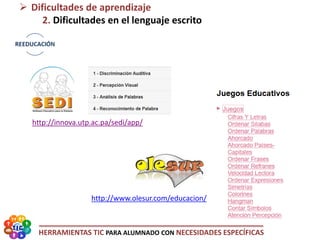 HERRAMIENTAS TIC PARA ALUMNADO CON NECESIDADES ESPECÍFICAS
http://innova.utp.ac.pa/sedi/app/
 Dificultades de aprendizaje
2. Dificultades en el lenguaje escrito
http://www.olesur.com/educacion/
 