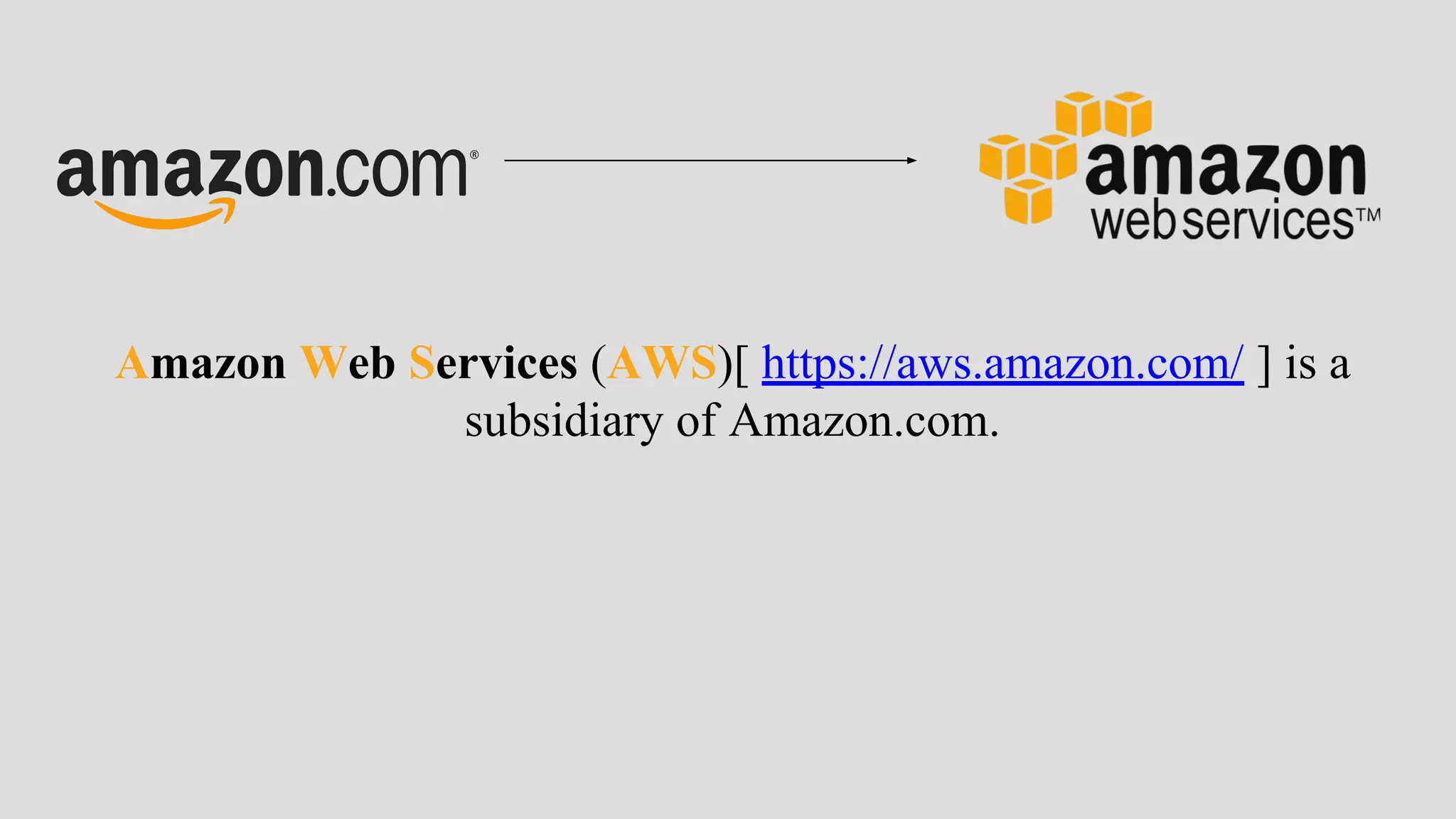 Amazon Web Services (AWS)[ https://aws.amazon.com/ ] is a
subsidiary of Amazon.com.
 