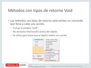Copyright © 2015, Oracle y/o sus filiales. Todos los derechos reservados.
Métodos con tipos de retorno Void
• Los métodos con tipos de retorno void emiten un comando
que lleva a cabo una acción.
– Incluye la palabra "void".
– No devuelve información acerca del objeto.
– Se utiliza para hacer que el objeto realice una acción.
JF 3-2
Métodos, variables y parámetros
13
 