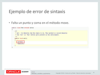 Copyright © 2015, Oracle y/o sus filiales. Todos los derechos reservados.
Ejemplo de error de sintaxis
• Falta un punto y coma en el método move.
JF 3-2
Métodos, variables y parámetros
31
 