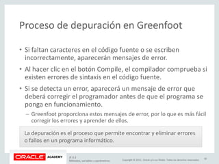 Copyright © 2015, Oracle y/o sus filiales. Todos los derechos reservados.
Proceso de depuración en Greenfoot
• Si faltan caracteres en el código fuente o se escriben
incorrectamente, aparecerán mensajes de error.
• Al hacer clic en el botón Compile, el compilador comprueba si
existen errores de sintaxis en el código fuente.
• Si se detecta un error, aparecerá un mensaje de error que
deberá corregir el programador antes de que el programa se
ponga en funcionamiento.
– Greenfoot proporciona estos mensajes de error, por lo que es más fácil
corregir los errores y aprender de ellos.
La depuración es el proceso que permite encontrar y eliminar errores
o fallos en un programa informático.
JF 3-2
Métodos, variables y parámetros
30
 
