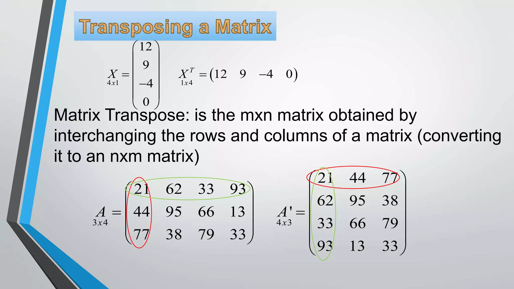 Matrix Transpose: is the mxn matrix obtained by
interchanging the rows and columns of a matrix (converting
it to an nxm matrix)
 4 1 1 4
12
9
12 9 4 0
4
0
T
x x
X X
 
 
   
 
 
 
3 4 4 3
21 44 77
21 62 33 93
62 95 38
44 95 66 13 '
33 66 79
77 38 79 33
93 13 33
x x
A A
 
   
           
 
 