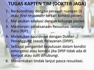 TUGAS KAPTEN TIM (DOKTER JAGA)
1. Berkoordinasi dengan perawat ruangan (I)
atau .first responder terkait kondisi pasien.
2. Melakukan edukasi dengan keluarga pasien.
3. Memimpin pelaksanaan Resusitasi Jantung
Paru (RJP).
4. Melakukan koordinasi dengan Dokter
Penanggung Jawab Pelayanan (DPJP).
5. Sebagai pengambil keputusan dalam kondisi
emergensi atau kondisi jika DPJP tidak ada di
tempat atau sulit dihubungi.
6. Menentukan tindak lanjut pasca resusitasi.
 