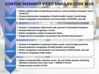 CONTOH SKENARIO VIDEO SIMULASI CODE BLUE
SCREEN 5
• Dokter pastikan dada mengembang sempurna, semua perawat menjawab “recoil
sempurna”.
• Perawat dokumentasi mengatakan 10 detik terakhir masuk 2 menit ketiga
• Dokter mengatakan stop kompresi, cek irama bukan VT/VF/PEA, cek nadi
SCREEN 6
• Perawat 3 mengatakan tidak teraba nadi, perawat 2 melanjutkan kompresi.
• Perawat dokumen mengatakan 1 menit
• Dokter mengatakan siapkan inj epineprin kedua
• Petugas farmasi menyiapkan inj epineprin dan diambil oleh perawat 3
SCREEN 7
• Perawat 3 mengatakan inj epineprin kedua masuk, elevasi tangan penderita
• Perawat dokumen mengatakan 10 detik terakhir menit ketiga
• Dokter mengatakan stop kompresi, cek irama bukan VT/VF/asistole, cek nadi
• Perawat 2 mengatakan Nadi teraba.
SCREEN 8
• Dokter menjawab ROSC, sekunder survei , Air way? Nafas spontan, breathing
dilakukan auskultasi clear, clear, clear. T 100/60, N 70 x/m
• Siapkan pasien transfer ke HCU
 