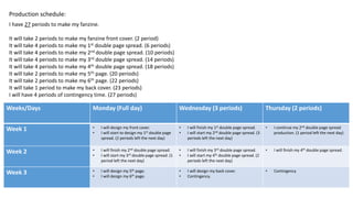 Production schedule:
Weeks/Days Monday (Full day) Wednesday (3 periods) Thursday (2 periods)
Week 1 • I will design my front cover.
• I will start to design my 1st double page
spread. (2 periods left the next day)
• I will finish my 1st double page spread.
• I will start my 2nd double page spread. (3
periods left the next day)
• I continue my 2nd double page spread
production. (1 period left the next day)
Week 2 • I will finish my 2nd double page spread.
• I will start my 3rd double page spread. (1
period left the next day)
• I will finish my 3rd double page spread.
• I will start my 4th double page spread. (2
periods left the next day)
• I will finish my 4th double page spread.
Week 3 • I will design my 5th page.
• I will design my 6th page.
• I will design my back cover.
• Contingency.
• Contingency
I have 27 periods to make my fanzine.
It will take 2 periods to make my fanzine front cover. (2 period)
It will take 4 periods to make my 1st double page spread. (6 periods)
It will take 4 periods to make my 2nd double page spread. (10 periods)
It will take 4 periods to make my 3rd double page spread. (14 periods)
It will take 4 periods to make my 4th double page spread. (18 periods)
It will take 2 periods to make my 5th page. (20 periods)
It will take 2 periods to make my 6th page. (22 periods)
It will take 1 period to make my back cover. (23 periods)
I will have 4 periods of contingency time. (27 periods)
 
