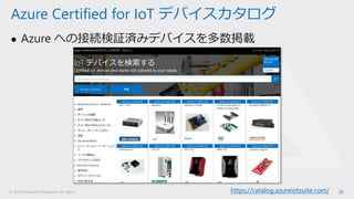 © 2018 Microsoft Corporation. All rights
⚫ Azure への接続検証済みデバイスを多数掲載
26
Azure Certified for IoT デバイスカタログ
https://catalog.azureiotsuite.com/
 