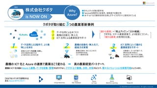 © 2018 Microsoft Corporation. All rights reserved
NOW ON Azure 事例： 株式会社 クボタ
クボタが取り組む 3つの農業革新事例
農機の ICT 化を進め Azure と連携。データを収集・管理するだけでなく、クラウド上で蓄積、分析、共有することで、様々なソリューションを実現可能にしています。
農機の ICT 化と Azure の連携で農業はこう変わる ➡ 真の農業経営パートナーへ
データ活用による稲作で、より美
味しいお米を
農機からのデータを収集・分析し、
翌年の施肥計画を作成
より食味の良いお米を生産
1 農機の自動化・無人化で、
超省力を実現
農機の自動化・無人化に向けた
技術開発を促進し
スマート農業を促進
2 ICT 活用によって儲かる
農業経営をサポート
収穫量や、日々の作業データ、
農地の区画/状態など、
あらゆるデータをクラウドに蓄積。
AIを活用した農業経営も視野に
3
●セキュリティ対策の堅牢性
● Serviceの柔軟性と拡張性、価格面での優位性
● AI や IoT など最新技術を活用したサービスが次々に提供されている
「儲かる農業」＝「売上アップ」×「コスト削減」
クボタは、スマート農業提案で、より経営にコミット。
「儲かる農業」の実現を支援。
１ データ活用による米づくり
２ 農機の自動化・無人化
３ ICT 活用による農業経営サポート
1
2
3
このようなシナリオで活用される
主な Azure のテクノロジー Azure
IoT HubVirtual Machines
Azure
SQL Database
Azure
Machine Learning Power BI
株式会社クボタ
is NOW ON
Why
Azure?
製造
 