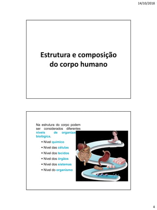 14/10/2018
4
Estrutura e composição
do corpo humano
Na estrutura do corpo podem
ser considerados diferentes
níveis de organização
biológica.
▪ Nível químico
▪ Nível das células
▪ Nível dos tecidos
▪ Nível dos órgãos
▪ Nível dos sistemas
▪ Nível do organismo
 