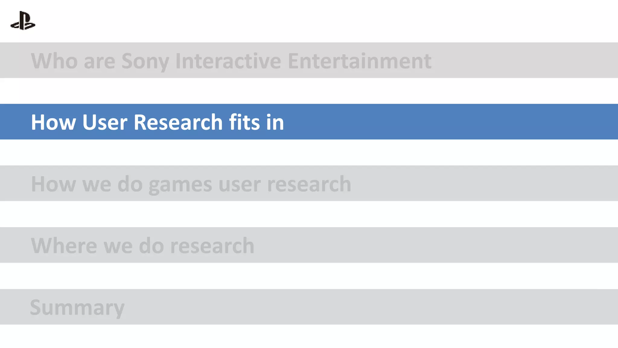 Who are Sony Interactive Entertainment
How User Research fits in
How we do games user research
Where we do research
Summary
 