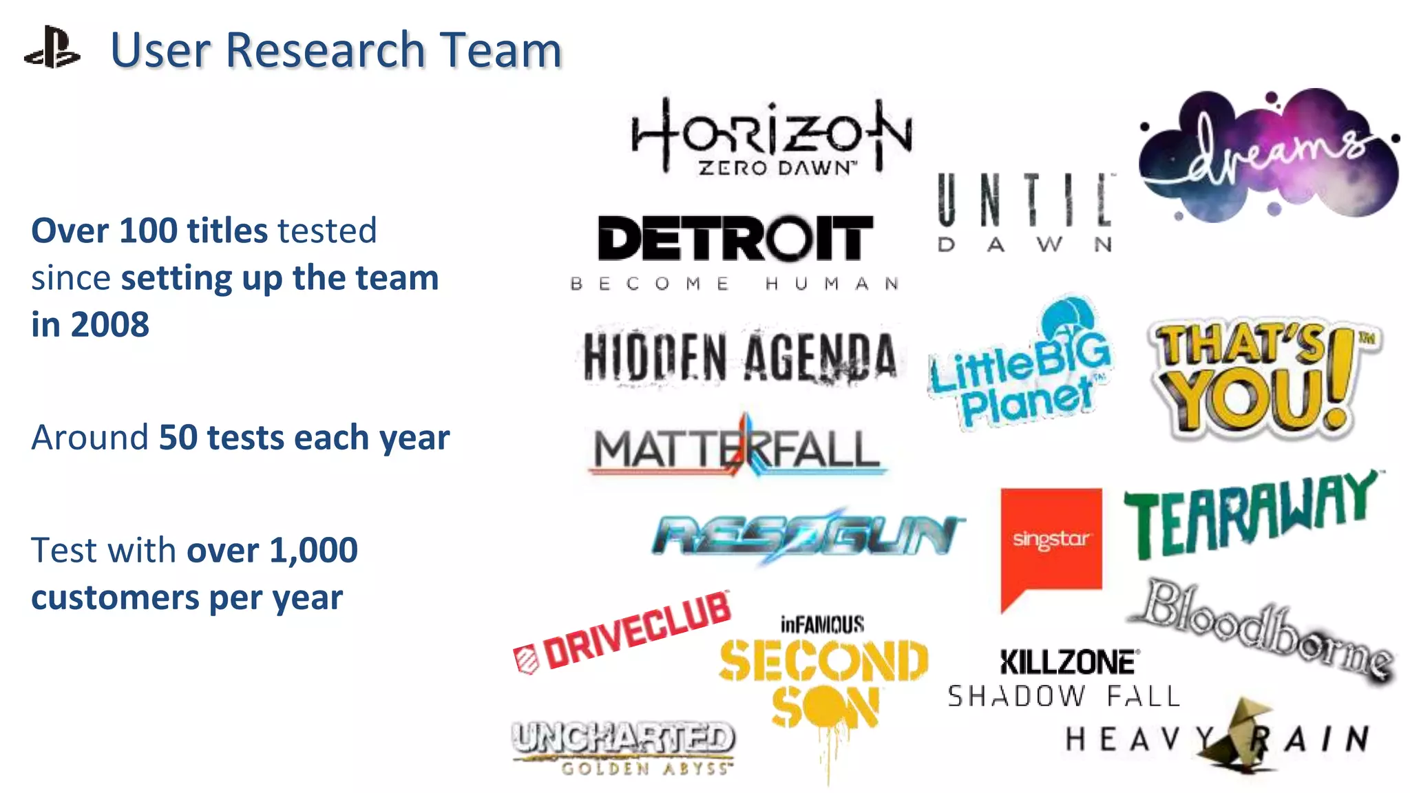 User Research Team
Over 100 titles tested
since setting up the team
in 2008
Around 50 tests each year
Test with over 1,000
customers per year
 