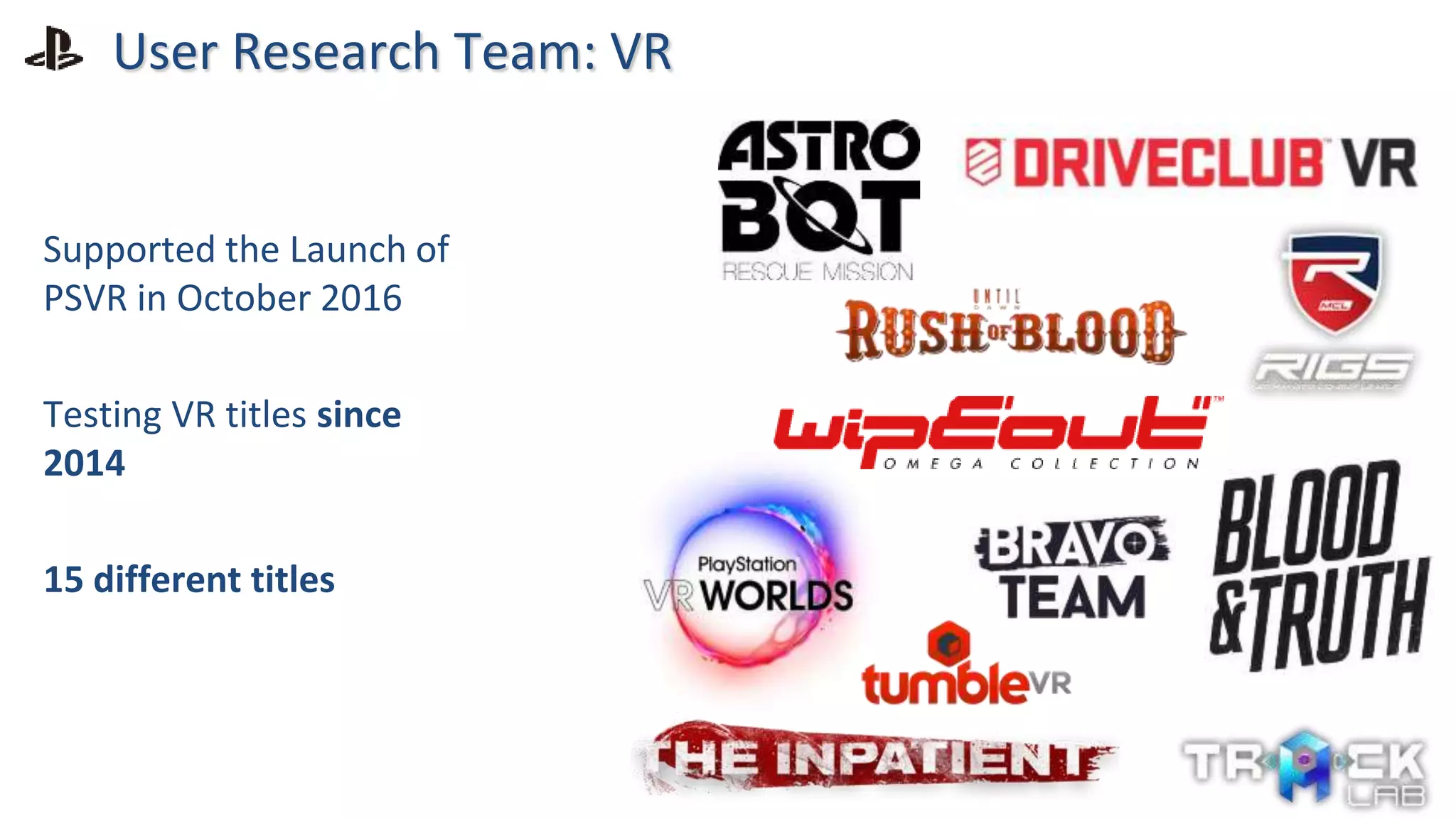 User Research Team: VR
Supported the Launch of
PSVR in October 2016
Testing VR titles since
2014
15 different titles
 