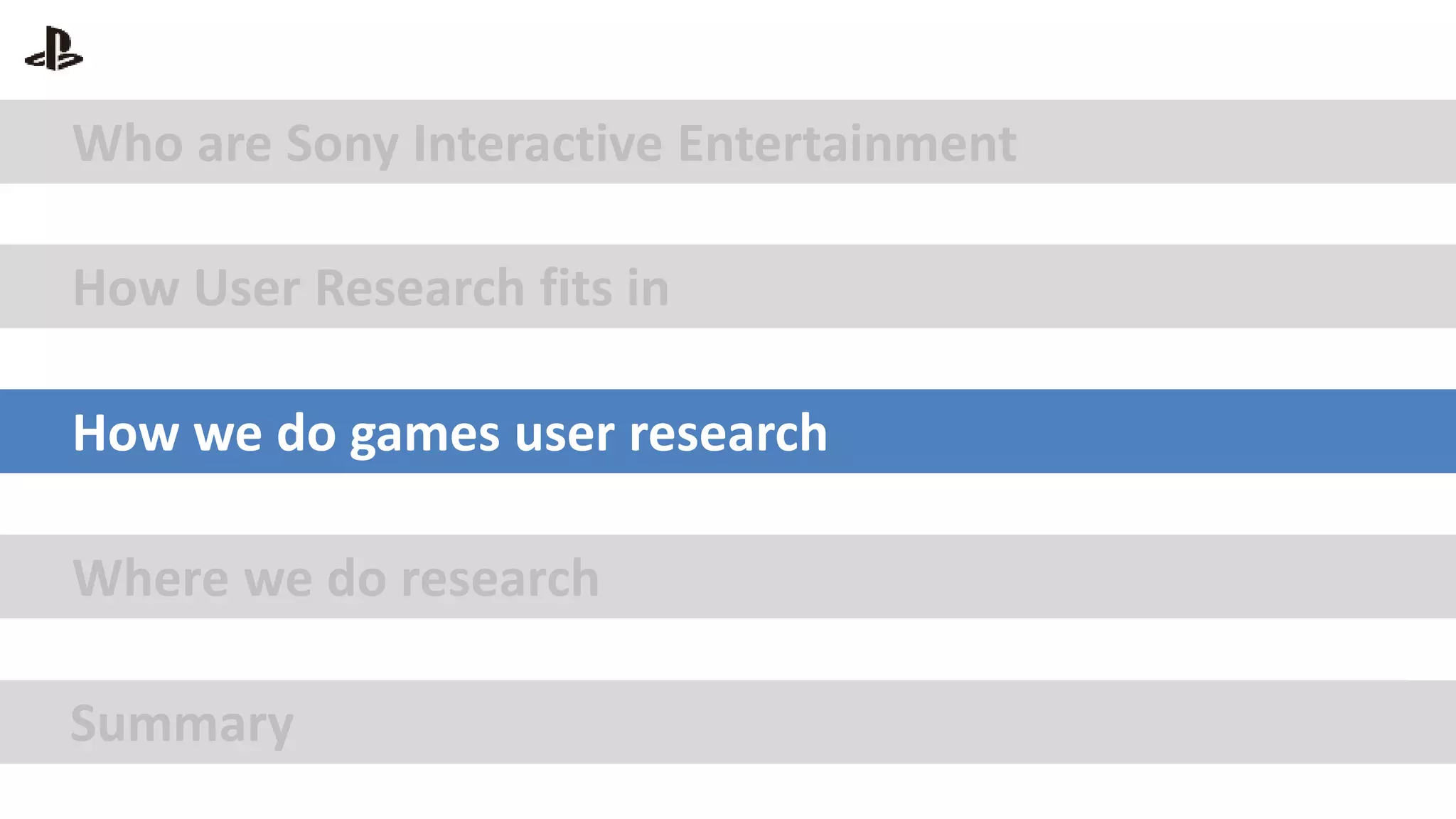 Who are Sony Interactive Entertainment
How User Research fits in
How we do games user research
Where we do research
Summary
 