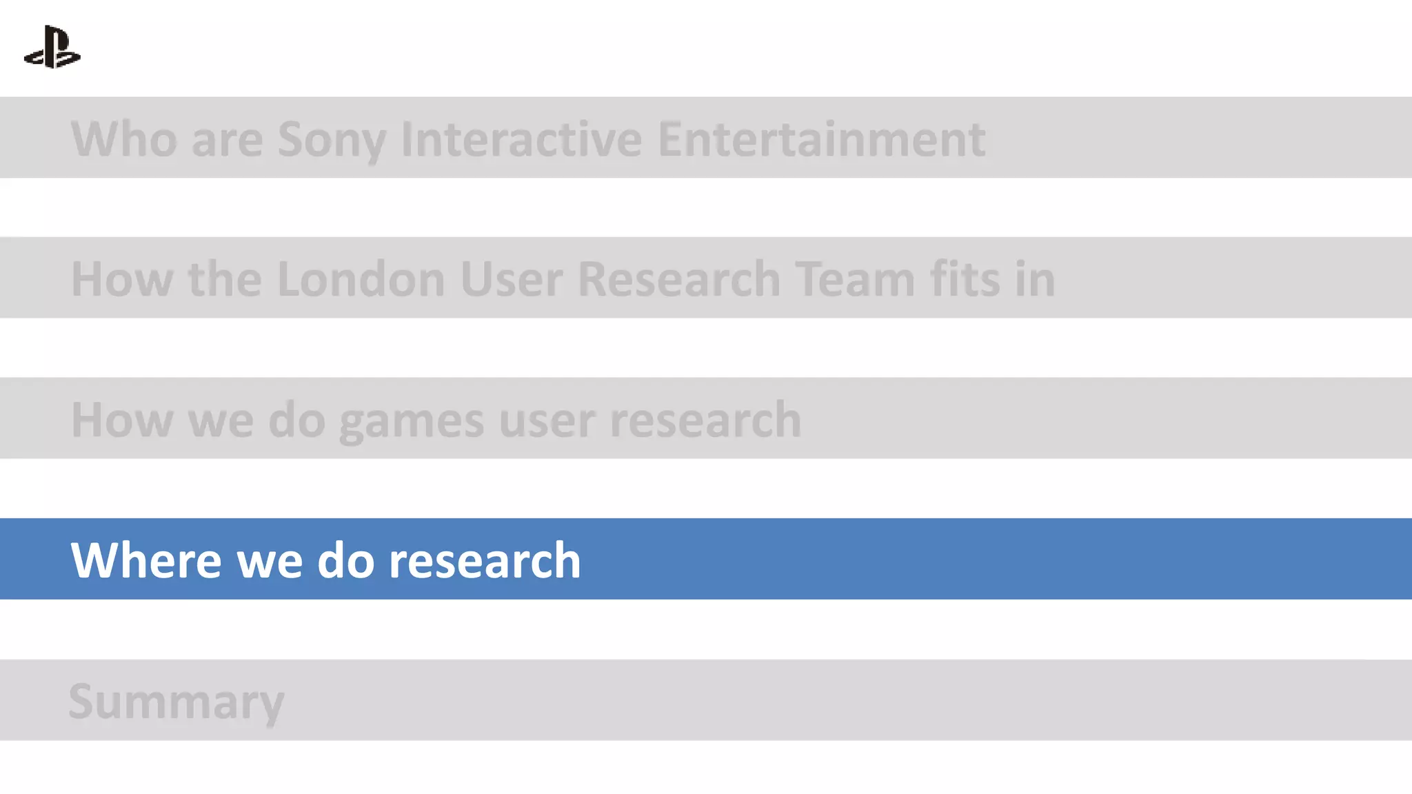 Who are Sony Interactive Entertainment
How the London User Research Team fits in
How we do games user research
Where we do research
Summary
 