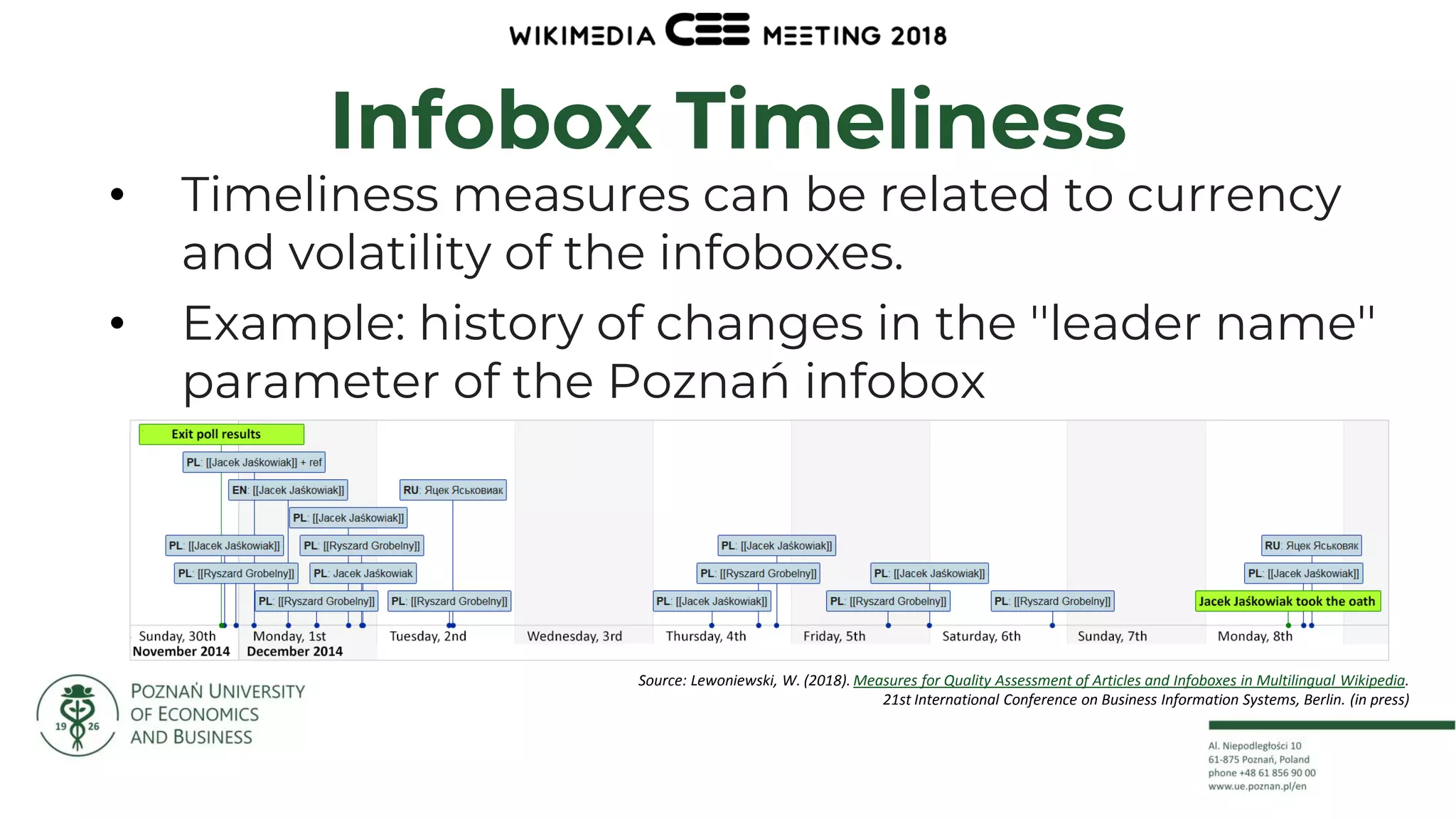 19
Infobox Timeliness
• Timeliness measures can be related to currency
and volatility of the infoboxes.
• Example: history of changes in the ''leader name''
parameter of the Poznań infobox
Source: Lewoniewski, W. (2018). Measures for Quality Assessment of Articles and Infoboxes in Multilingual Wikipedia.
21st International Conference on Business Information Systems, Berlin. (in press)
 