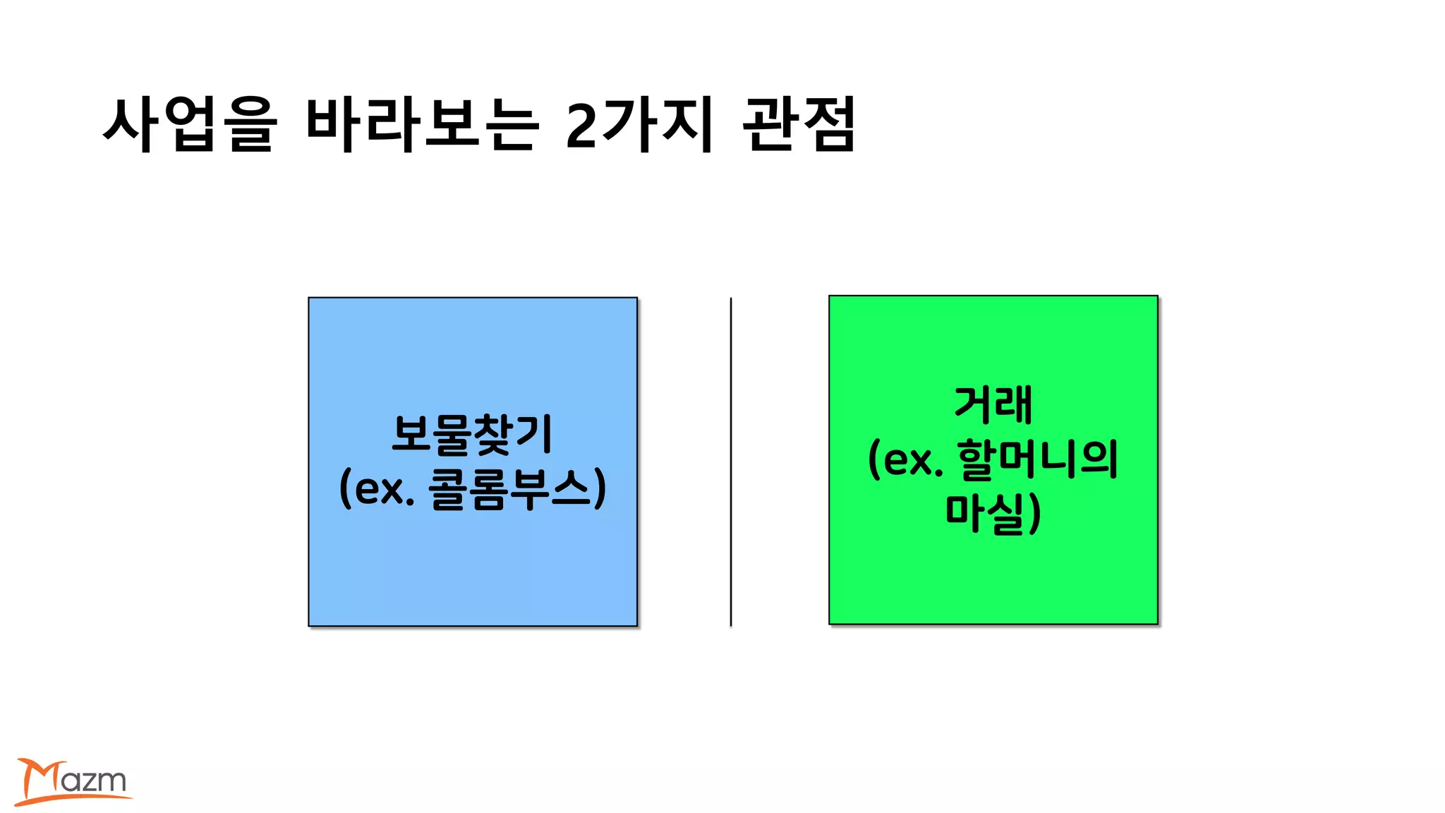 사업을 바라보는 2가지 관점
보물찾기
(ex. 콜롬부스)
거래
(ex. 할머니의
마실)
 
