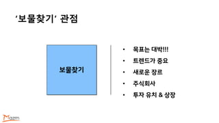 ‘보물찾기’ 관점
보물찾기
• 목표는 대박!!!
• 트렌드가 중요
• 새로운 장르
• 주식회사
• 투자 유치 & 상장
 