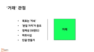 ‘거래’ 관점
거래
• 목표는 ‘지속’
• ‘본질 가치’가 중요
• 정체성 (브랜드)
• 파트너십
• 단골 만들기
 