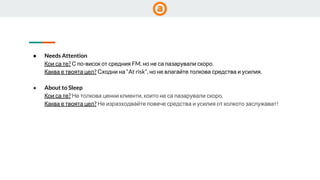 ● Needs Attention
Кои са те? С по-висок от средния FM, но не са пазарували скоро.
Каква е твоята цел? Сходни на “At risk”, но не влагайте толкова средства и усилия.
● About to Sleep
Кои са те? Не толкова ценни клиенти, които не са пазарували скоро.
Каква е твоята цел? Не изразходвайте повече средства и усилия от колкото заслужават!
 