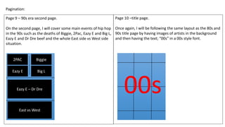 Pagination:
Page 9 – 90s era second page.
On the second page, I will cover some main events of hip hop
in the 90s such as the deaths of Biggie, 2Pac, Eazy E and Big L,
Eazy E and Dr Dre beef and the whole East side vs West side
situation.
Page 10 –title page.
Once again, I will be following the same layout as the 80s and
90s title page by having images of artists in the background
and then having the text; “00s” in a 00s style font.
00s
2PAC Biggie
Eazy E Big L
Eazy E – Dr Dre
East vs West
 
