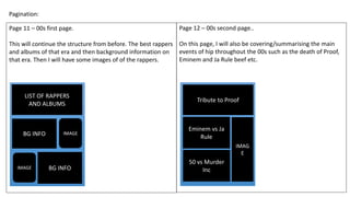 Pagination:
Page 11 – 00s first page.
This will continue the structure from before. The best rappers
and albums of that era and then background information on
that era. Then I will have some images of of the rappers.
Page 12 – 00s second page..
On this page, I will also be covering/summarising the main
events of hip throughout the 00s such as the death of Proof,
Eminem and Ja Rule beef etc.
LIST OF RAPPERS
AND ALBUMS
BG INFO IMAGE
BG INFOIMAGE
Tribute to Proof
Eminem vs Ja
Rule
50 vs Murder
Inc
IMAG
E
 
