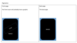 Pagination:
Front page.
The front cover will probably have a graphic
Back page.
The back page
IMAGE
IMAGE
 