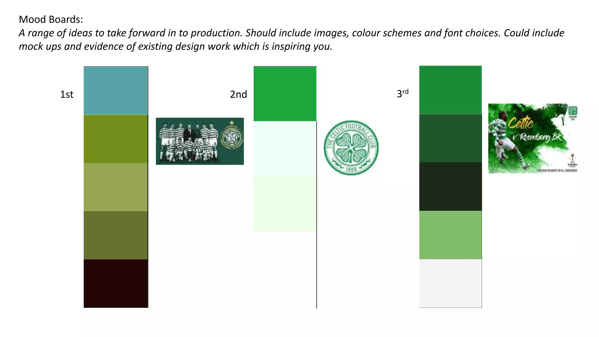 Mood Boards:
A range of ideas to take forward in to production. Should include images, colour schemes and font choices. Could include
mock ups and evidence of existing design work which is inspiring you.
1st 2nd 3rd
 