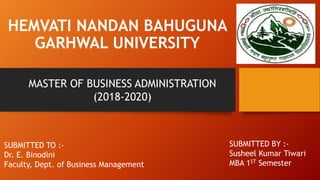 SUBMITTED BY :-
Susheel Kumar Tiwari
MBA 1ST Semester
HEMVATI NANDAN BAHUGUNA
GARHWAL UNIVERSITY
MASTER OF BUSINESS ADMINISTRATION
(2018-2020)
SUBMITTED TO :-
Dr. E. Binodini
Faculty, Dept. of Business Management
 