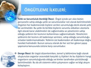  Yetki ve Sorumluluk Denkliği İlkesi: Örgüt içinde yer alan bütün
personelin sahip olduğu yetki ve sorumluluklar net olarak belirtilmelidir.
Örgütün her kademesinde kişilere verilen sorumluluğa denk olarak yetki
de verilmelidir. Bu yetki ile birlikte kişilerin sorumlu oldukları alanlarla
ilgili olarak karar alabilmeleri de sağlanmakta ve yöneticinin sahip
olduğu yetkinin bir kısmının kullanılması sağlanmaktadır. Yöneticinin
yetkisinin bir kısmını alt kademeye vermesi, sahip olduğu sorumluluğu
ortadan kaldırmamaktadır. Yetkinin üst kademeden alt kademeye doğru
hareket halindedir. Bunun sonucu olarak de her ast her görevi yapıp
yapmama konusunda üstüne karşı sorumludur.
 Denge İlkesi: Bir örgüt düzenlenirken, temel iş bölümüne bağlı olarak
oluşturulan organlar arasındaki karşılıklı iş ilişkileri ile bu ilişkilerin hangi
organların sorumluluğunda olduğu ve kimler tarafından yürütüleceği
belirtilmelidir. Bu da alt sistemin etkin çalışmasını sağlar ve bilgi akışını
kolaylaştırır.
ÖRGÜTLEME İLKELERİ;
 