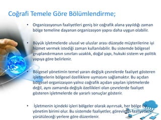 Coğrafi Temele Göre Bölümlendirme;
• Organizasyonun faaliyetleri geniş bir coğrafik alana yayıldığı zaman
bölge temeline dayanan organizasyon yapısı daha uygun olabilir.
• Büyük işletmelerde ulusal ve uluslar arası düzeyde müşterilerine iyi
hizmet vermek istediği zaman kullanılabilir. Bu sistemde bölgesel
gruplandırmanın sınırları uzaklık, doğal yapı, hukuki sistem ve politik
yapıya göre belirlenir.
• Bölgesel yönetimin temel yararı değişik çevrelerde faaliyet gösteren
işletmelerin bölgesel özelliklere uymasını sağlamaktır. Bu açıdan
bölgesel organizasyon yalnız coğrafik açıdan yayılan işletmelerde
değil, aynı zamanda değişik özellikleri olan çevrelerde faaliyet
gösteren işletmelerde de yararlı sonuçlar gösterir.
• İşletmenin içindeki işleri bölgeler olarak ayırırsak, her bölge bir
yönetim birimi olur. Bu sistemde faaliyetler, görevlerin faaliyetlerin
yürütüleceği yerlere göre düzenlenir.
 