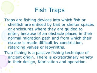 Traps are fishing devices into which fish or
shellfish are enticed by bait or shelter spaces
or enclosures where they are guided to
enter, because of an obstacle placed in their
normal migration path and from which their
escape is made difficult by constriction,
retarding valves or labyrinths.
Trap fishing is a passive fishing technique of
ancient origin. There is extraordinary variety
in their design, fabrication and operation.
Fish Traps
 