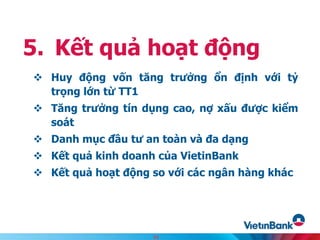  Huy động vốn tăng trưởng ổn định với tỷ
trọng lớn từ TT1
 Tăng trưởng tín dụng cao, nợ xấu được kiểm
soát
 Danh mục đầu tư an toàn và đa dạng
 Kết quả kinh doanh của VietinBank
 Kết quả hoạt động so với các ngân hàng khác
5. Kết quả hoạt động
24
 