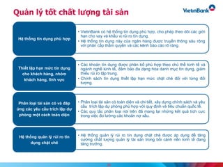 Quản lý tốt chất lượng tài sản
• VietinBank có hệ thống tín dụng phù hợp, cho phép theo dõi các giới
hạn cho vay và khẩu vị rủi ro tín dụng.
• Hệ thống tín dụng này của ngân hàng được truyền thông sâu rộng
với phân cấp thẩm quyền và các kênh báo cáo rõ ràng.
Hệ thống tín dụng phù hợp
• Các khoản tín dụng được phân bổ phù hợp theo chủ thể kinh tế và
ngành nghề kinh tế, đảm bảo đa dạng hóa danh mục tín dụng, giảm
thiểu rủi ro tập trung.
• Chính sách tín dụng thiết lập hạn mức chặt chẽ đối với từng đối
tượng.
Thiết lập hạn mức tín dụng
cho khách hàng, nhóm
khách hàng, lĩnh vực
• Phân loại tài sản có toàn diện và chi tiết, xây dựng chính sách và yêu
cầu trích lập dự phòng phù hợp với quy định và tiêu chuẩn quốc tế.
• Các quy tắc phân loại nói trên đã mang lại những kết quả tích cực
trong việc đo lường các khoản nợ xấu.
Phân loại tài sản có và đáp
ứng các yêu cầu trích lập dự
phòng một cách toàn diện
• Hệ thống quản lý rủi ro tín dụng chặt chẽ được áp dụng để tăng
cường chất lượng quản lý tài sản trong bối cảnh nền kinh tế đang
tăng trưởng.
Hệ thống quản lý rủi ro tín
dụng chặt chẽ
29
 