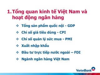  Tổng sản phẩm quốc nội - GDP
 Chỉ số giá tiêu dùng - CPI
 Chỉ số quản lý sức mua - PMI
 Xuất nhập khẩu
 Đầu tư trực tiếp nước ngoài – FDI
 Ngành ngân hàng Việt Nam
1.Tổng quan kinh tế Việt Nam và
hoạt động ngân hàng
3
 