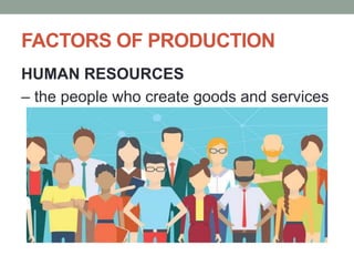 FACTORS OF PRODUCTION
HUMAN RESOURCES
– the people who create goods and services
 