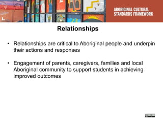 Relationships
• Relationships are critical to Aboriginal people and underpin
their actions and responses
• Engagement of parents, caregivers, families and local
Aboriginal community to support students in achieving
improved outcomes
 
