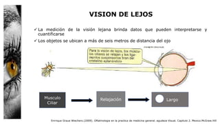 VISION DE LEJOS
 La medición de la visión lejana brinda datos que pueden interpretarse y
cuantificarse
 Los objetos se ubican a más de seis metros de distancia del ojo
Enrrique Graue Wiechers.(2009). Oftalmologia en la practica de medicina general. agudeza Visual. Capitulo 2. Mexico.McGraw.Hill
Relajación Largo
 