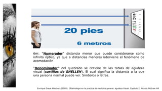 Enrrique Graue Wiechers.(2009). Oftalmologia en la practica de medicina general. agudeza Visual. Capitulo 2. Mexico.McGraw.Hill
6m: “Numerador” distancia menor que puede considerarse como
infinito óptico, ya que a distancias menores interviene el fenómeno de
acomodación
“Denominador” del quebrado se obtiene de las tablas de agudeza
visual (cartillas de SNELLEN). El cual significa la distancia a la que
una persona normal puede ver. Símbolos o letras.
 